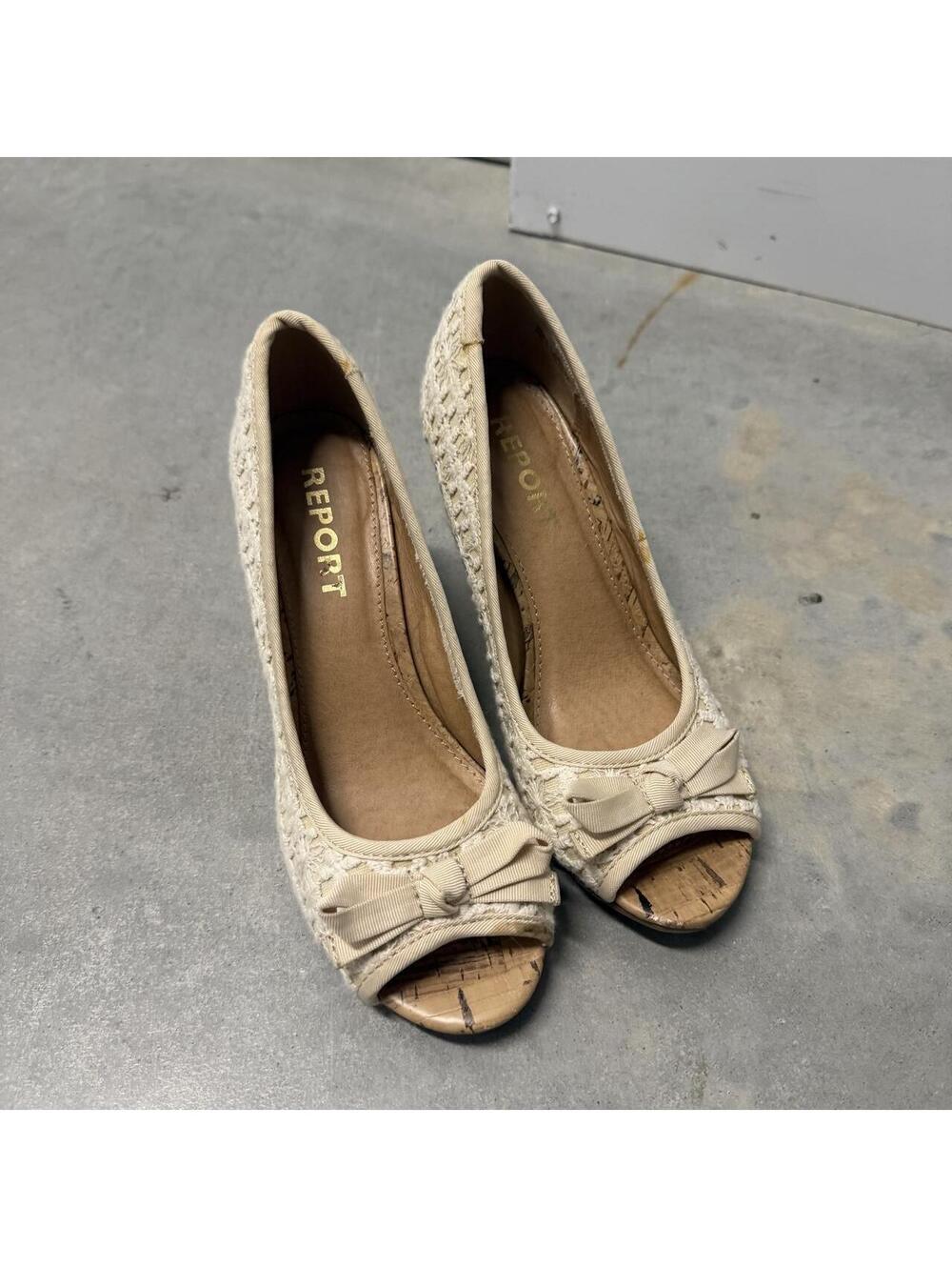 Report Ashlyn Women’s Size 6 Cream Crochet Peep Toe Cork Wedge Heels Y2K